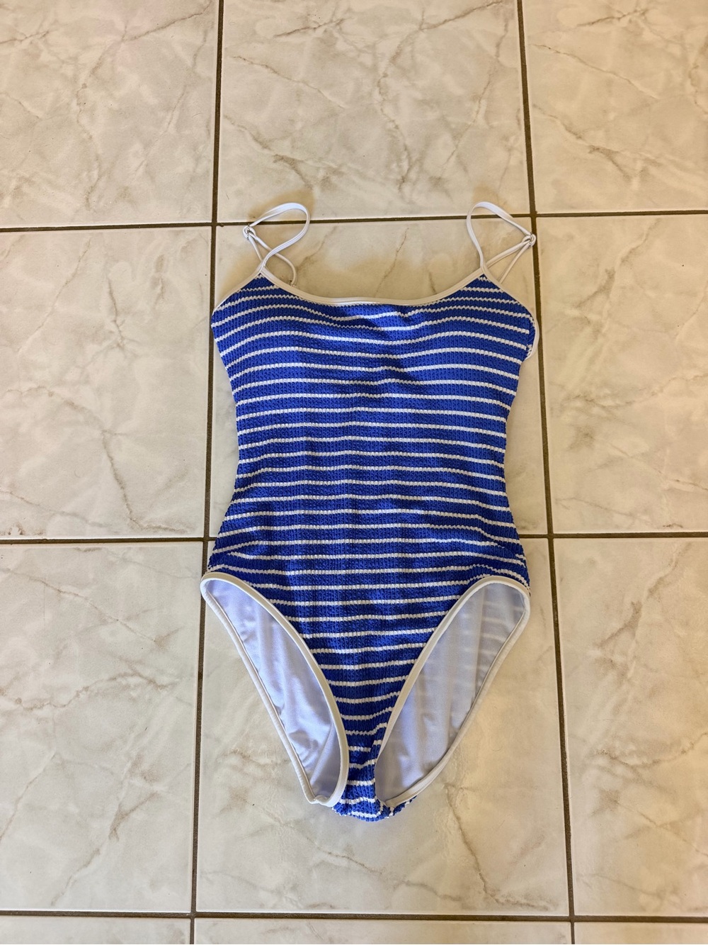 Girls Blue & White Striped One-Piece Swimsuit with Thin Straps